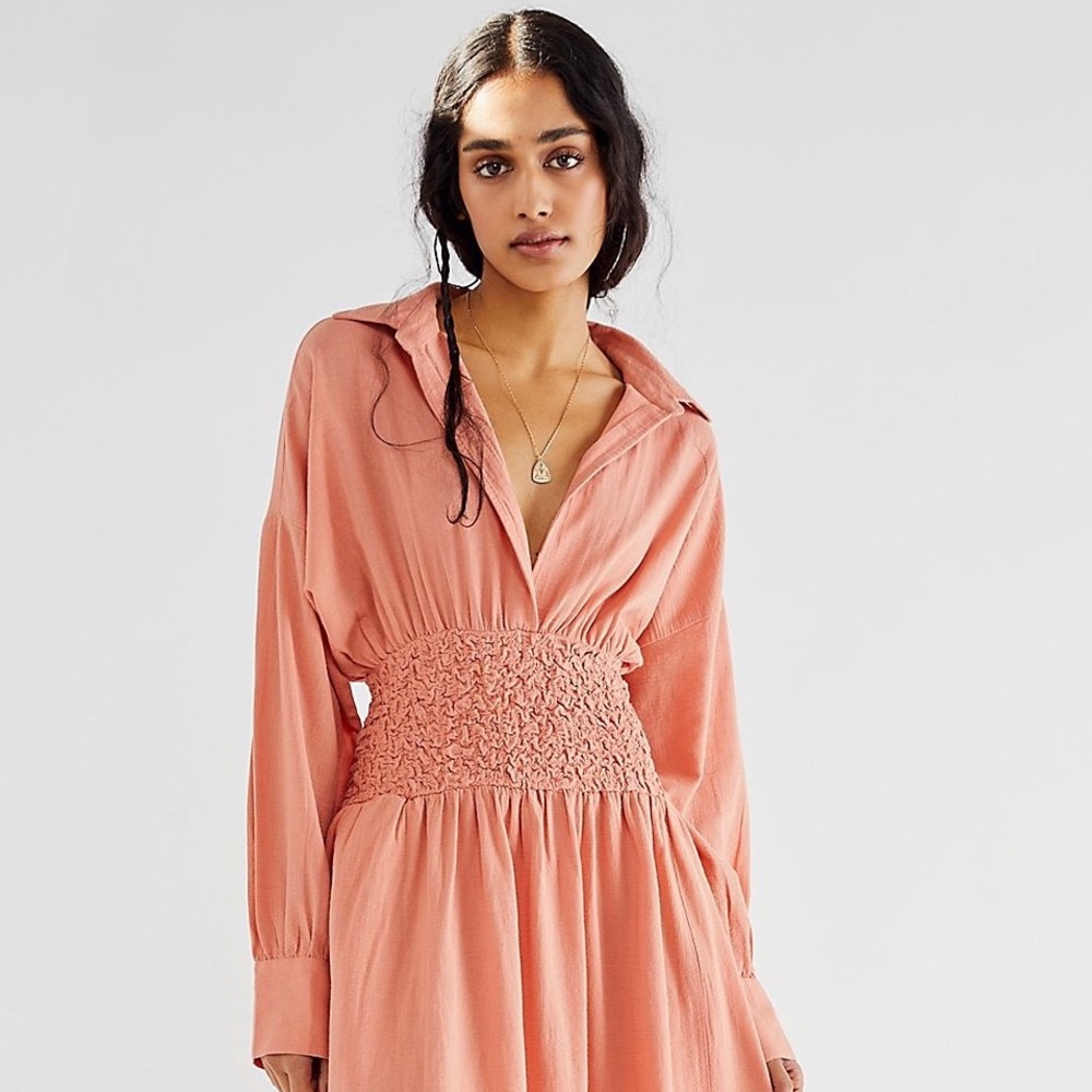NWT Free People Monika Cotton MIDI Long Sleeve Shirt Dress in  Peach XS - Picture 4 of 11